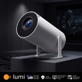 A modern cylindrical hy3000 projector lamp in a matte white finish, mounted on a matching white stand and displayed on a dark pedestal. The background is a dark, sleek room with a screen showing a futuristic scene.
